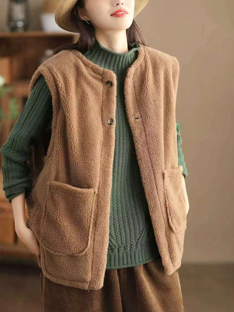 Women Casual Winter Solid Corduroy Plush Cotton Vest Coat