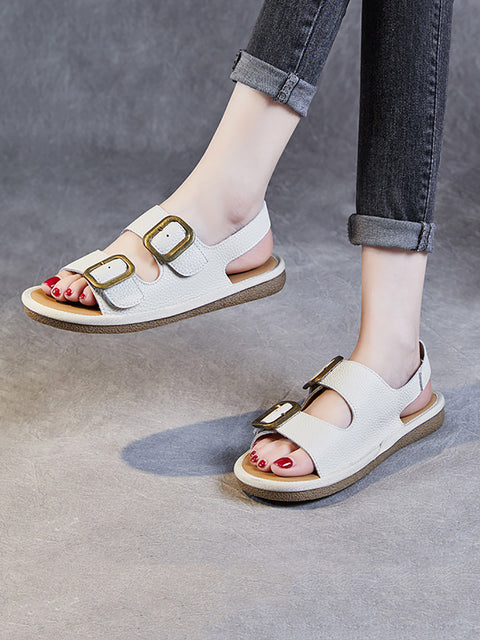 Sandali estivi casual in pelle con bottoni piatti da donna