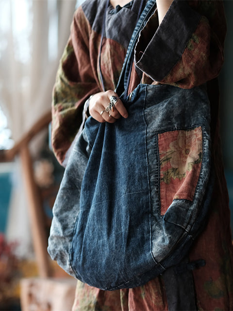 Borsa a tracolla vintage in denim con cuciture da donna