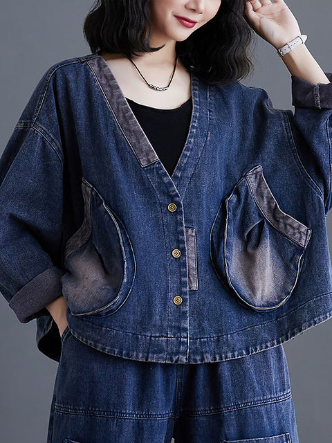 Cappotto in denim con tasca grande con impiombatura retrò primaverile da donna