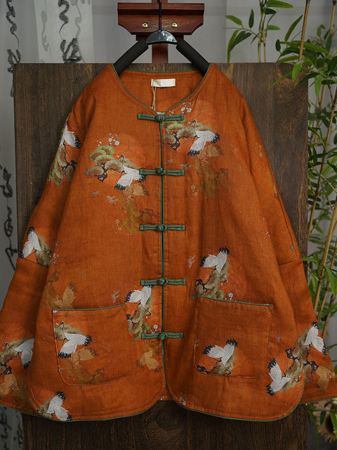 Cappotto imbottito in lino con stampa vintage gru da donna