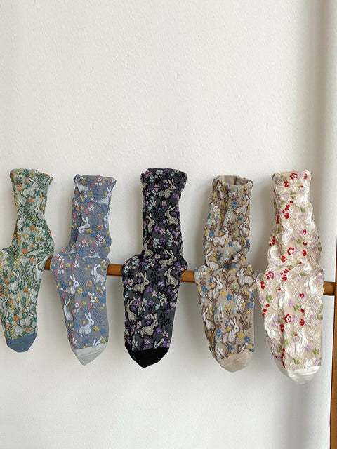 5 Pairs Women Artsy Floral Jacquard Cotton Socks