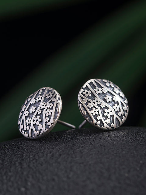 Women Vintage Sliver Flower Carve Round Earrings