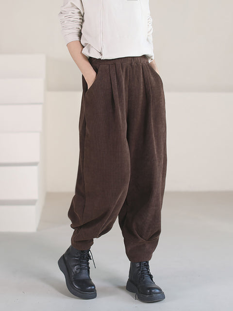 Pantaloni di velluto a coste invernali solidi vintage da donna taglie forti