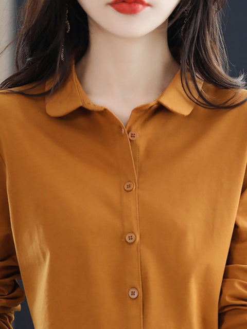 Women Spring Turn-down Collar Pure Color Cotton Shirt