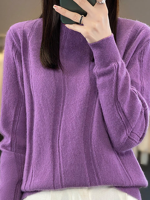 Women Autumn Half-Turtleneck Knit 100%Wool Sweater