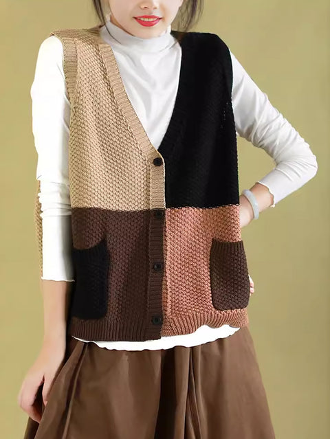 Gilet da donna con scollo a V lavorato a maglia color block autunnale