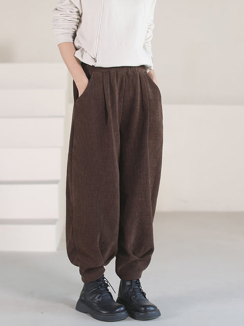 Pantaloni di velluto a coste invernali solidi vintage da donna taglie forti