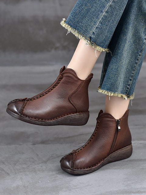 Women Vintage Genuine Leather Spliced Low Heel Boots