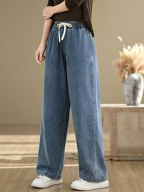 Pantaloni dritti in denim casual da donna, di colore puro, primaverili