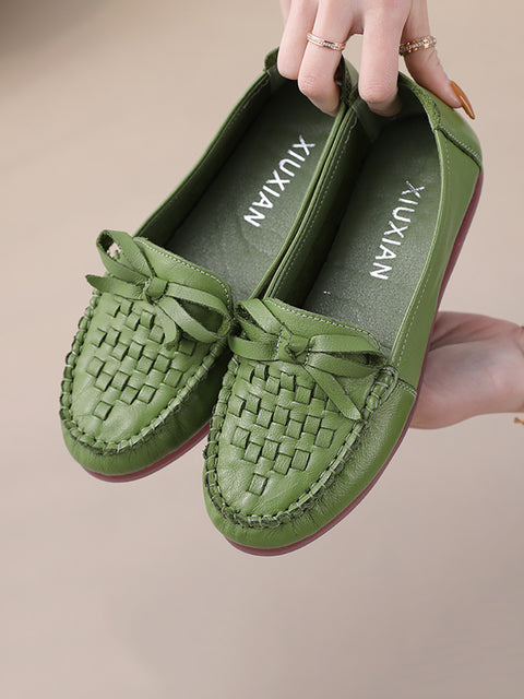 Women Summer Casual Solid Soft Leather Weave Flat Shoes