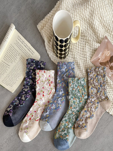 5 Pairs Women Artsy Floral Jacquard Cotton Socks