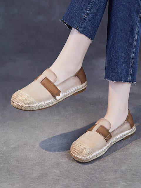 Women Summer Leather Linen Weave Spliced Flat Shoes