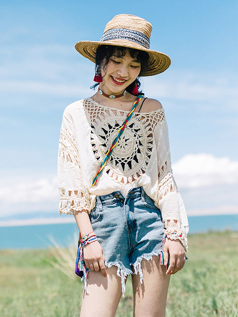 Camicia estiva da donna lavorata a maglia scavata a prova di sole