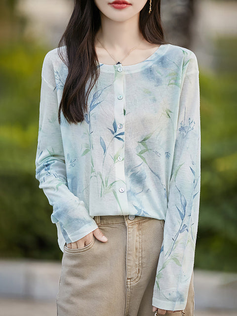 Camicia sottile con scollo a V e fiori casual primaverili da donna