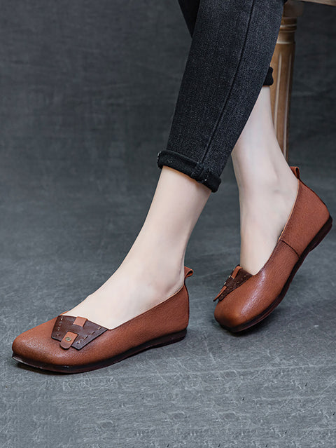 Women Summer Ethnic Colorblock Leahter Soft Flat Shoes