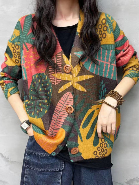 Women Winter Casual Leaf Print V-Neck Cardigan Sweater