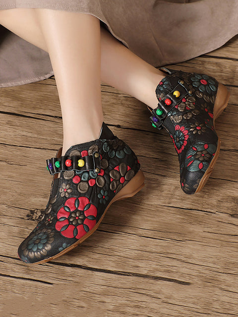 Women Ethnic Flower Embossing Leather Bead Low Heel Shoes