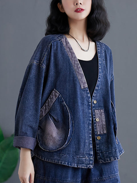 Cappotto in denim con tasca grande con impiombatura retrò primaverile da donna