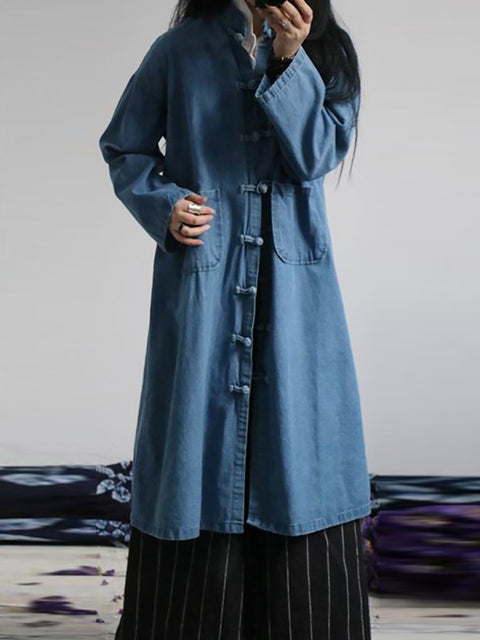 Cappotto in denim con tasca tinta unita casual autunnale da donna