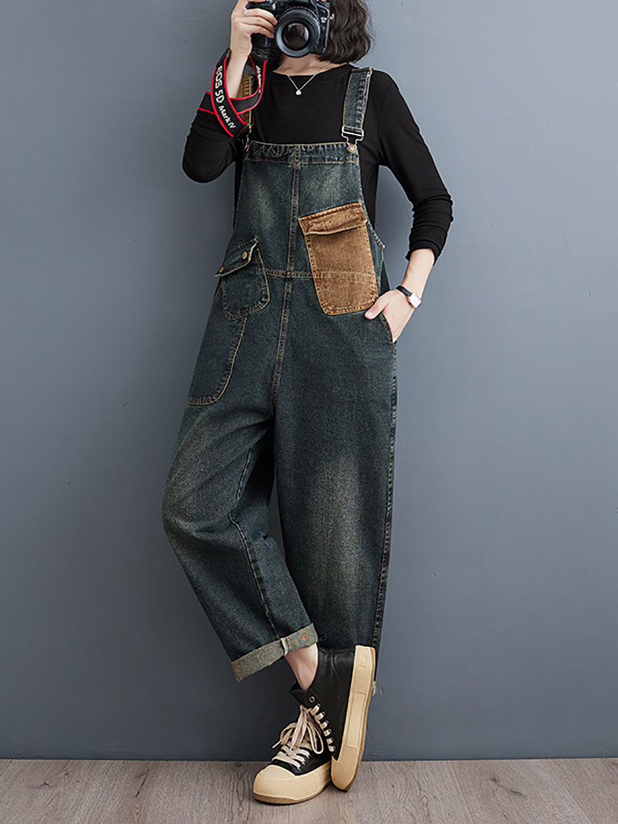 Tute larghe in denim colorblock vintage da donna