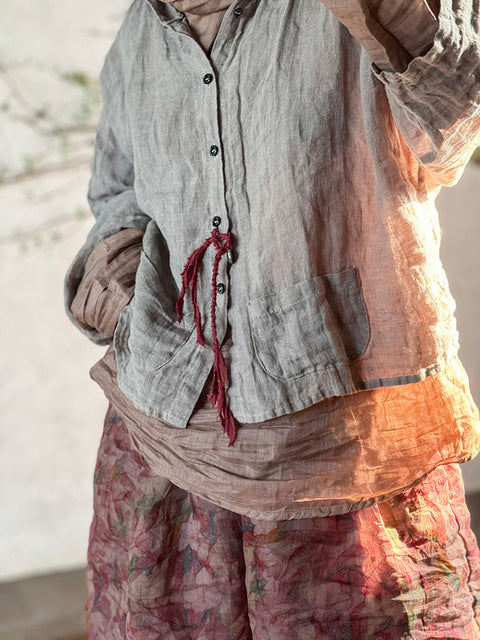 Camicia con cappuccio e bottoni in lino vintage estivo da donna