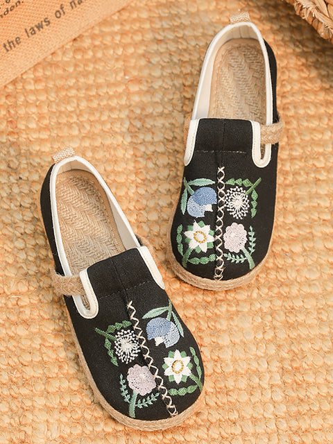 Women Artsy Summer Linen Flower Embroidery Shoes