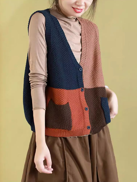 Gilet da donna con scollo a V lavorato a maglia color block autunnale