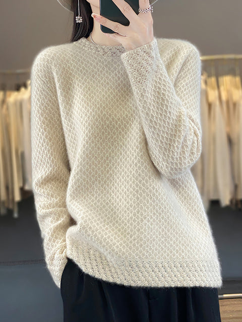 Women Winter Wool Crochet O-Neck Sweater