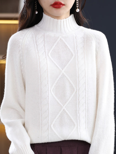 Women Winter Rhomboids Wool Half-Turtleneck Sweater