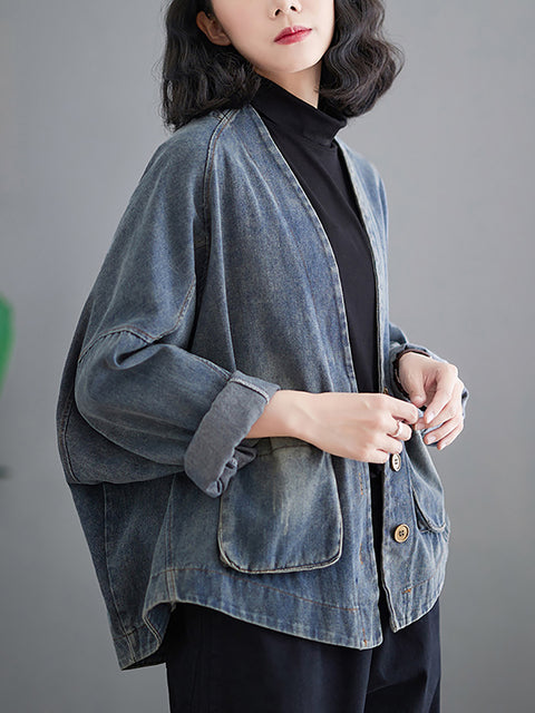 Cappotto corto da donna in denim primaverile lavato retrò