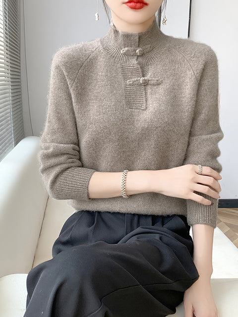 Women Retro Solid Winter Wool Half-Turtleneck Sweater