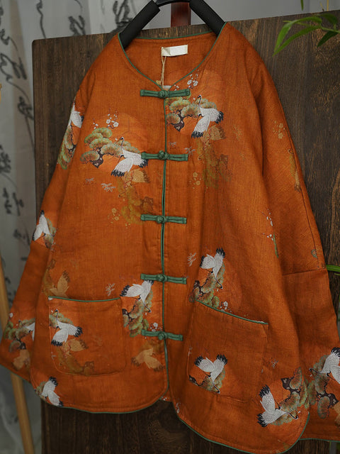 Cappotto imbottito in lino con stampa vintage gru da donna