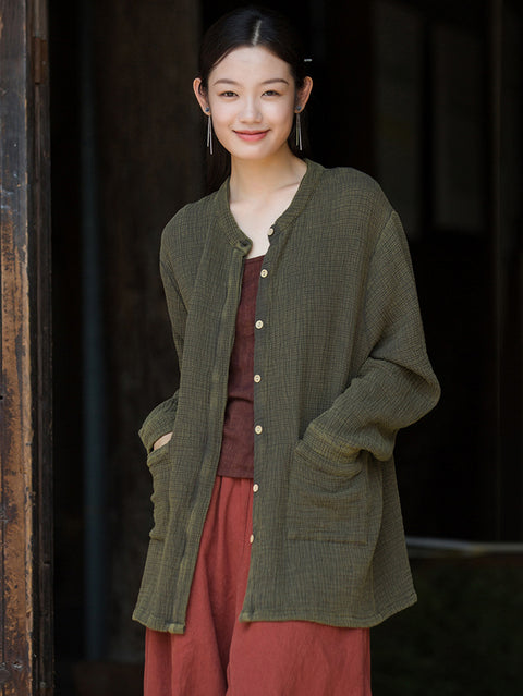 Women Vintage Autumn Solid Cotton O-Neck Shirt Coat