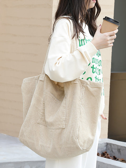 Women Casual Solid Large Corduroy Shoulder Bag