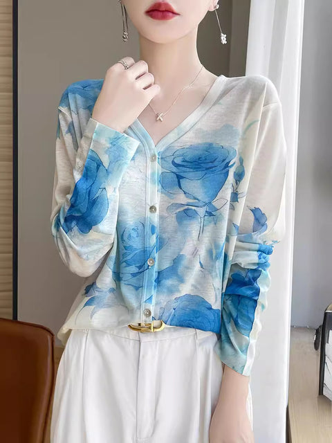 Camicia casual da donna con scollo a V e fiori primaverili