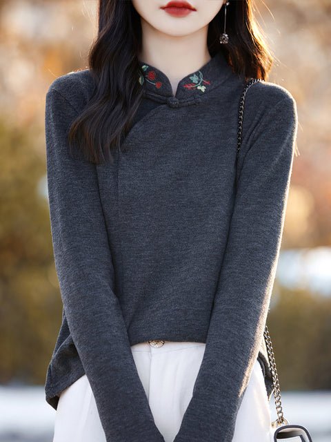 Camicetta in maglia con ricamo a collo alto primaverile da donna