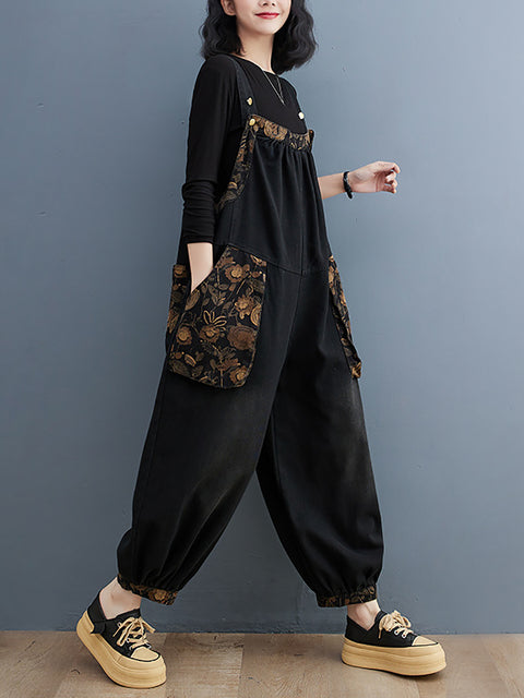 Women Vintage Floral Spliced Winter Denim Jumpsuits