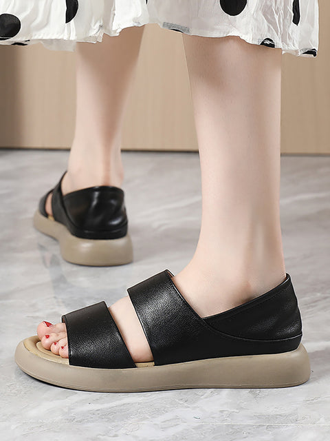 Women Summer Solid Leather Soft Flat Peep-toe Shoes