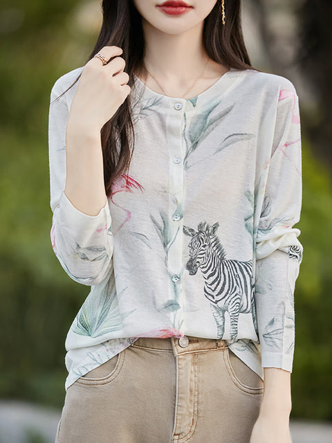 Camicia sottile con scollo a V e fiori casual primaverili da donna