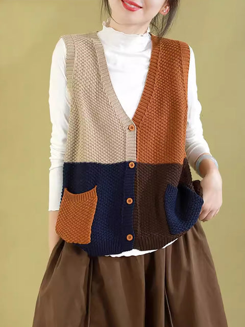 Gilet da donna con scollo a V lavorato a maglia color block autunnale