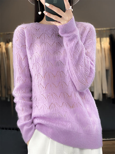 Women Autumn O-Neck Wool Hollow Out Knit Sweater