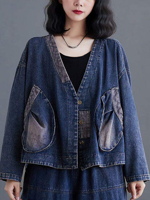 Cappotto in denim con tasca grande con impiombatura retrò primaverile da donna