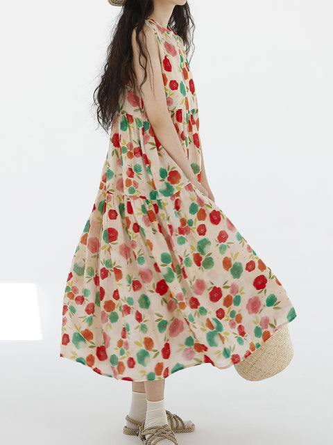 Plus Size Women Summer Cute Flower Spliced Pleat O-Neck Vest Dress