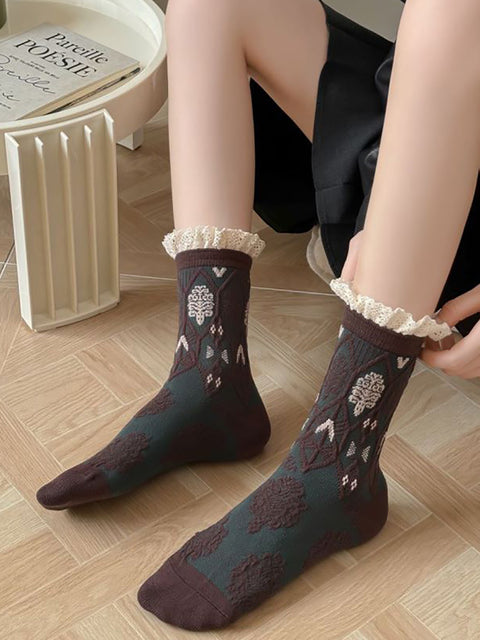 5 paia di calzini in cotone jacquard con fiori artistici autunnali da donna