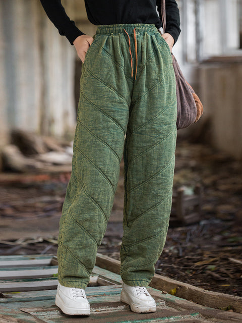 Pantaloni harem imbottiti in denim tinta unita invernale da donna