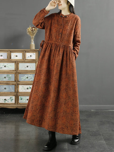 Abito da donna in cotone con stampa foglie vintage autunno taglie forti