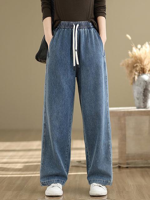 Women Spring Casual Pure Color Denim Straight Pants