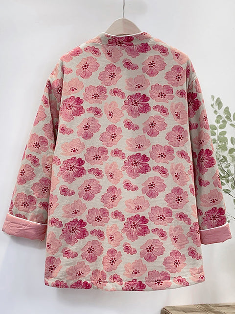 Cappotto imbottito rosa con stampa floreale retrò da donna