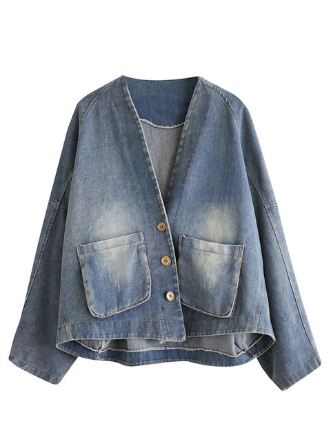 Cappotto corto da donna in denim primaverile lavato retrò